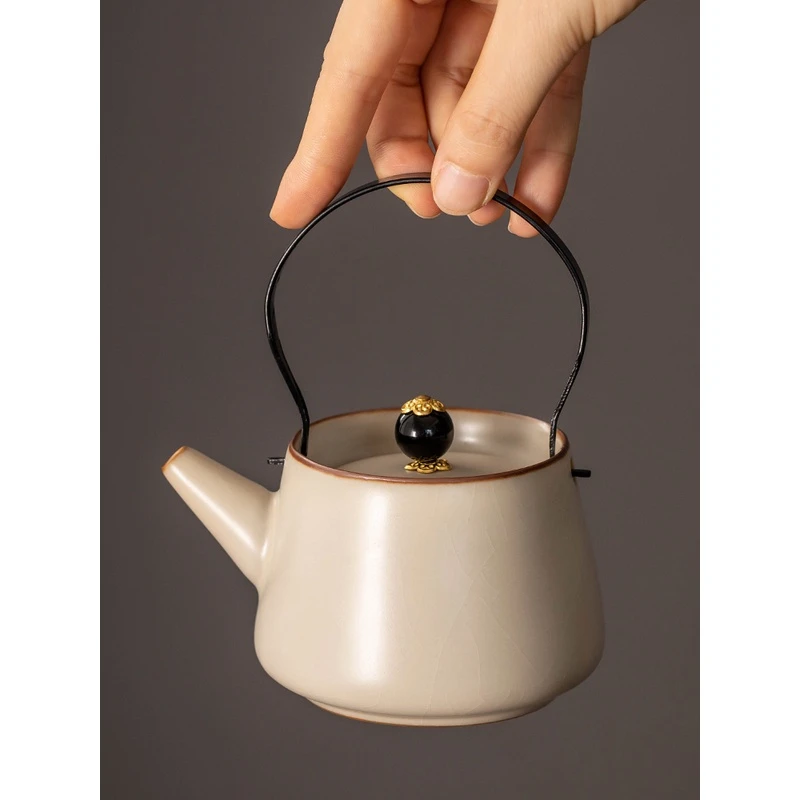 米黄汝窑复古提梁壶大号家用单壶泡茶陶瓷茶壶办公功夫茶具泡茶壶