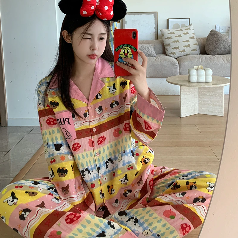 侘町春秋季新款纯棉棉纱多巴胺小狗睡衣女生长袖休闲家居服套装