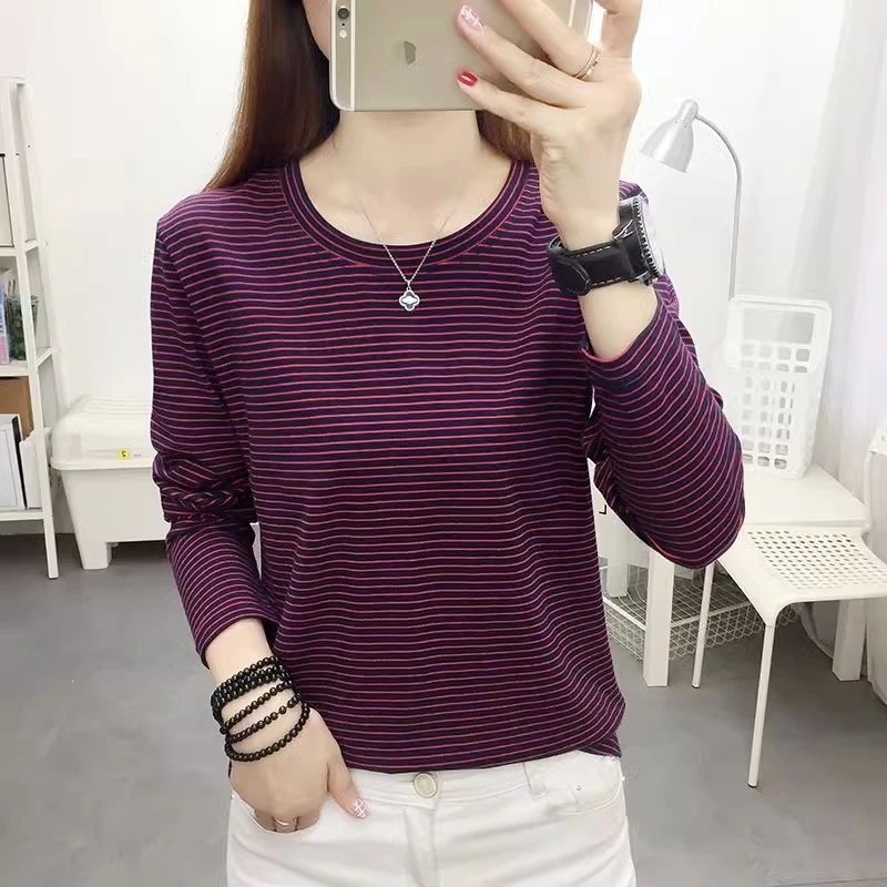 妈妈长袖t恤女新款2023秋装洋气纯棉打底小衫中老年减龄条纹上衣