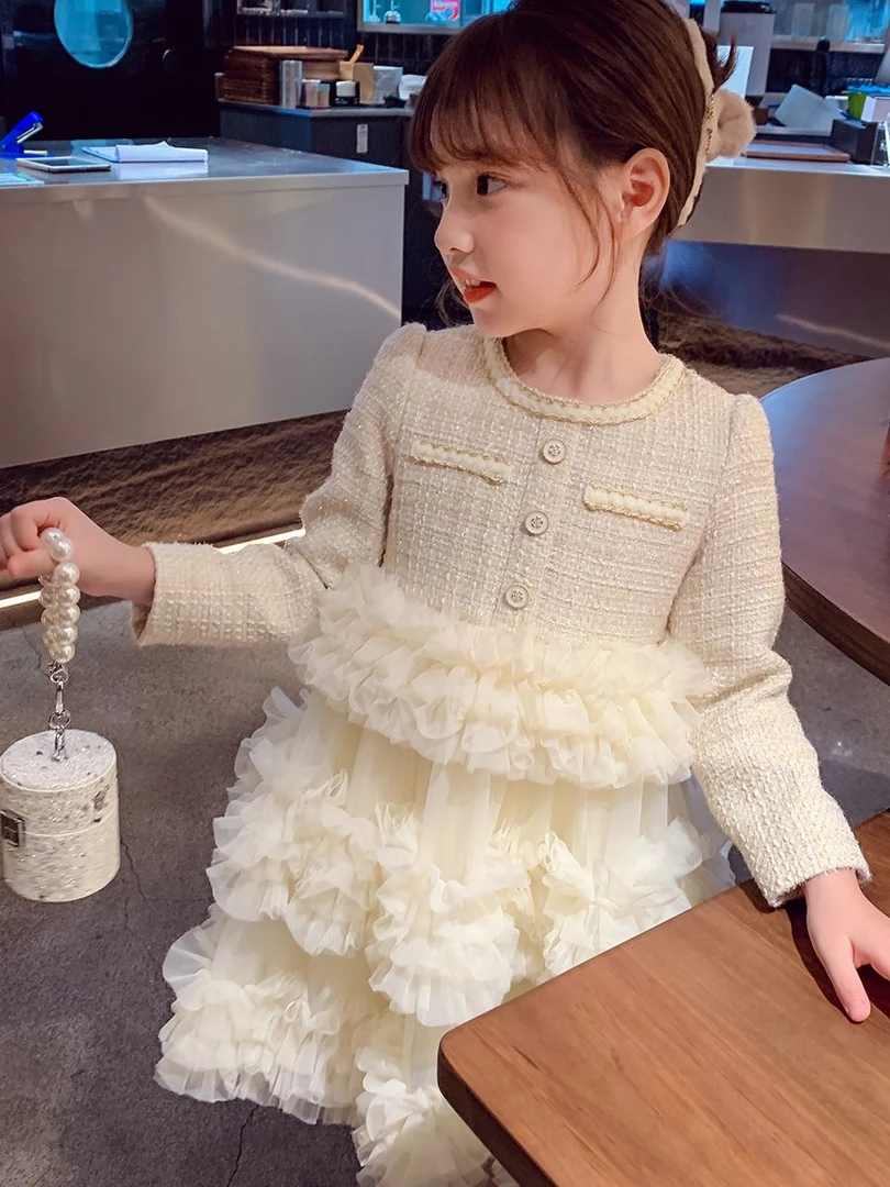 女童连衣裙秋冬2023新款洋气儿童加绒蛋糕裙女孩小香风网纱公主裙