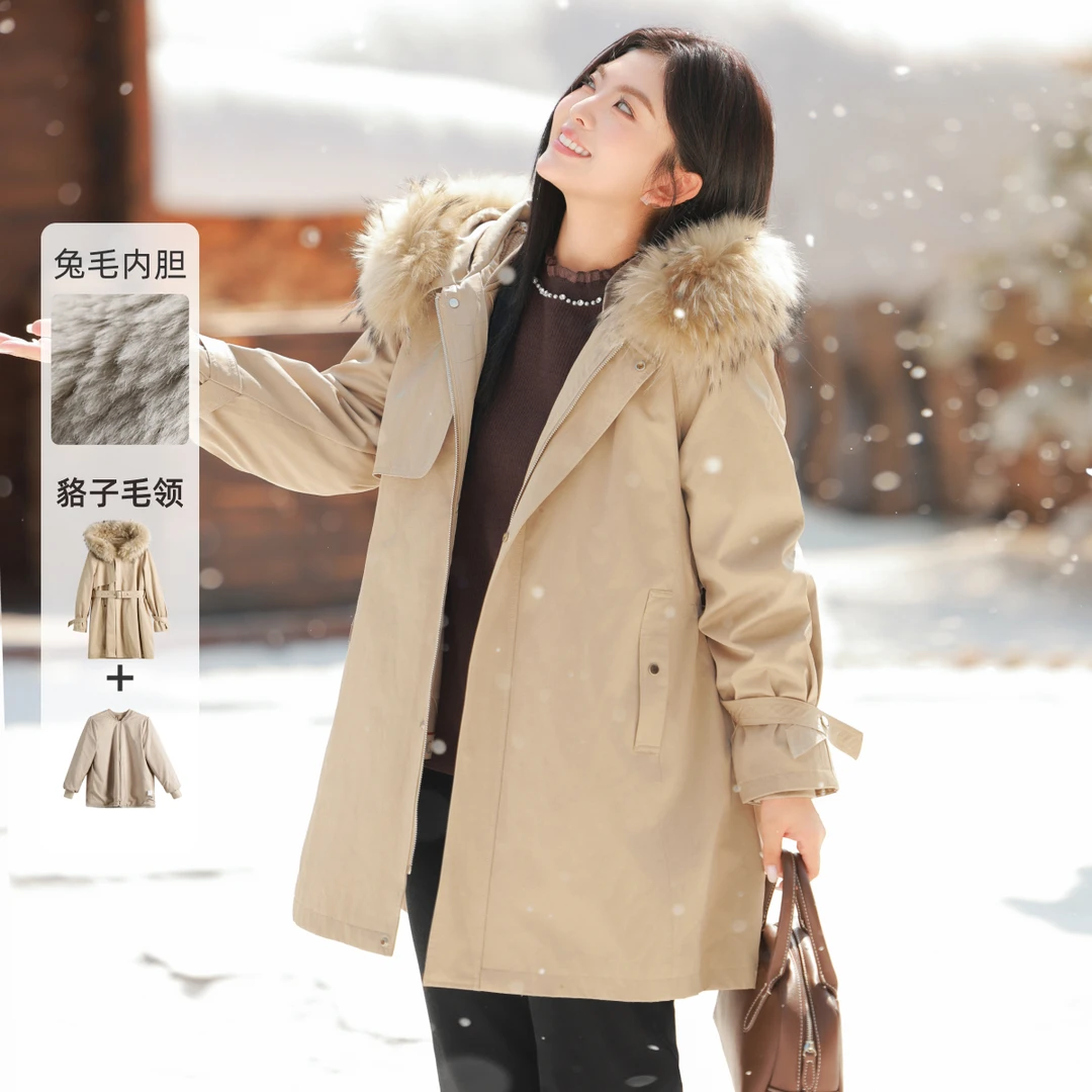 可拆卸貉子毛领+真兔毛内胆+羽丝皮草外套】MsShe大码女A~M2410105