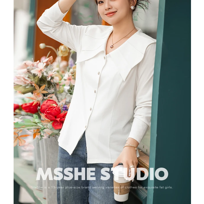 MsShe大码女装新款春装轻职业花瓣领弹力棉针织衬衫D~M2402043