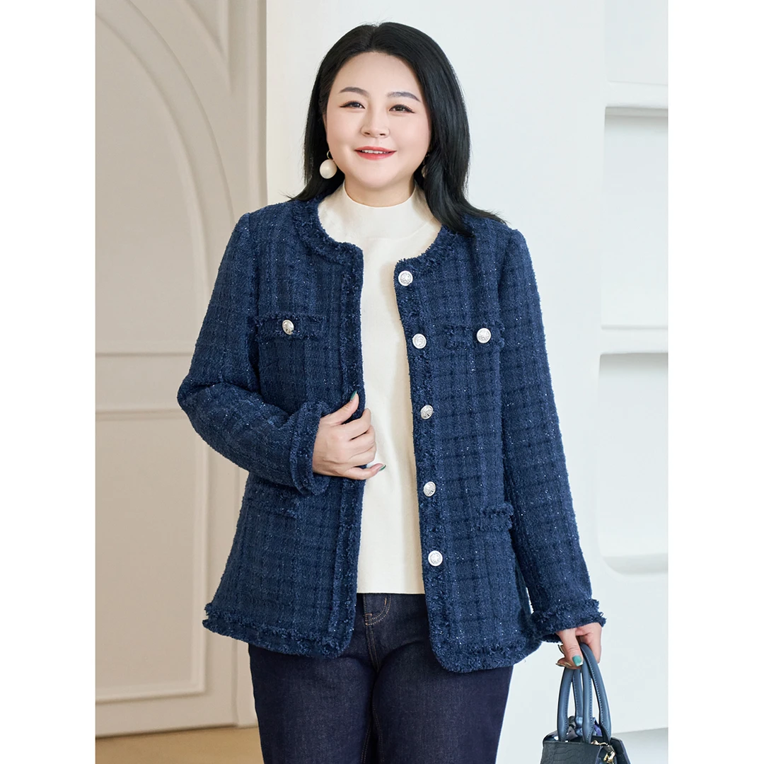 【经典款】MsShe大码女春小香风亮丝粗花呢外套J~B2410016