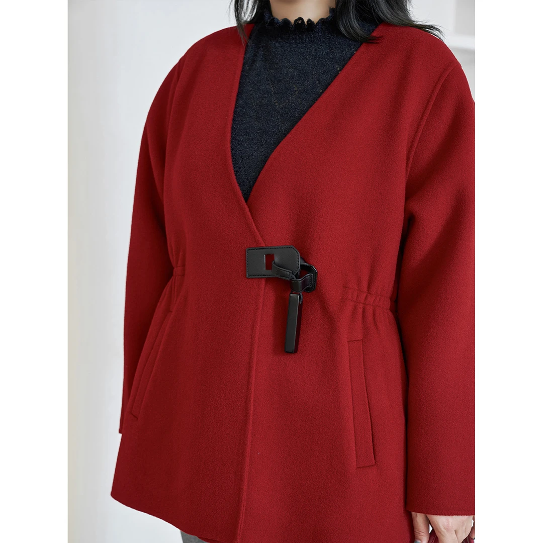 MsShe大码女装春优雅收腰红色双面绵羊毛毛呢外套J~M2410079