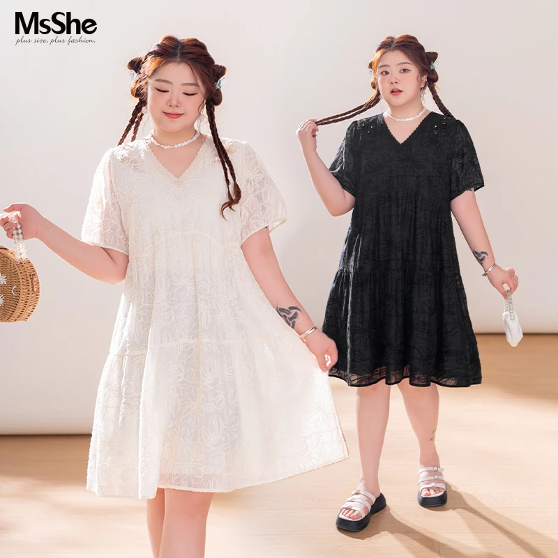 【轻奢重工刺绣立体钉珠连衣裙】MsShe大码女新款夏短袖D~F2406016