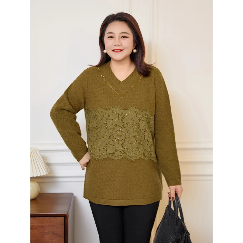 【现货】MsShe大码女装秋冬装保暖V领烫钻花边北极绒毛衣J~B2312069