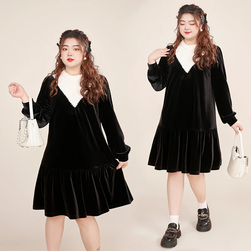 MsShe大码女装春新款黑色公主韩版长袖长款连衣裙D~Y2310013