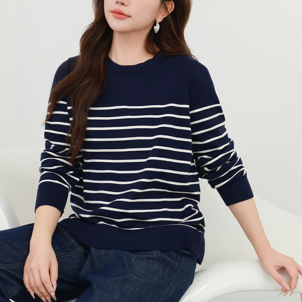 【复古条纹针织衫】MsShe大码女装新款秋装内搭打底上衣J~M2409054