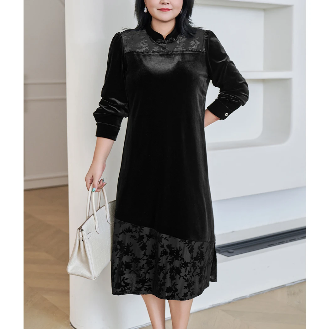 【新中式国风连衣裙】MsShe大码女装秋钉珠盘扣丝绒J~B2409044