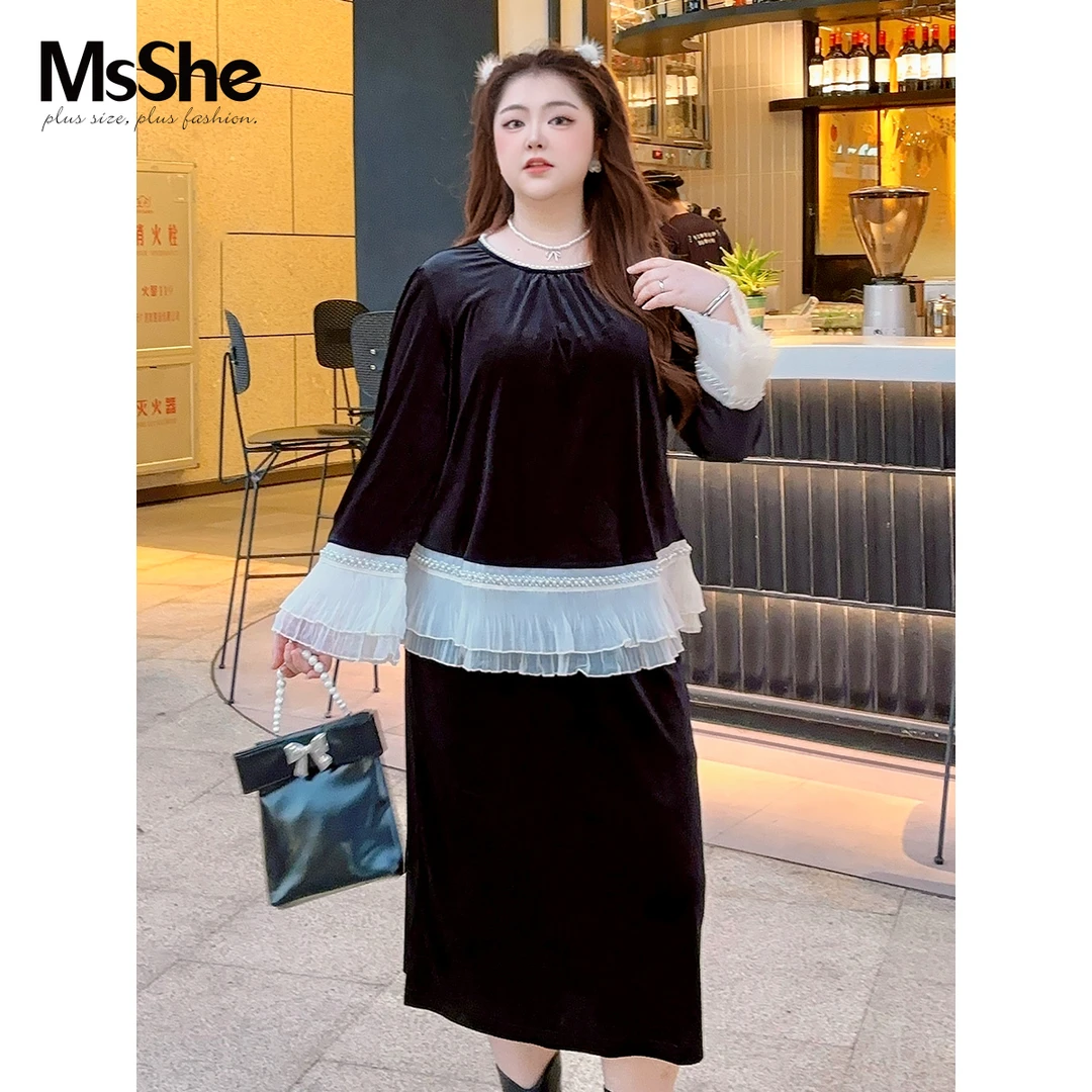 【千金风丝绒两件套】MsShe大码女装秋新钉珠松紧腰套装D~E2402012
