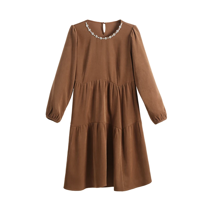 MsShe大码女装新款冬装温柔钻链圆领宽松A字连衣裙J~F2410030