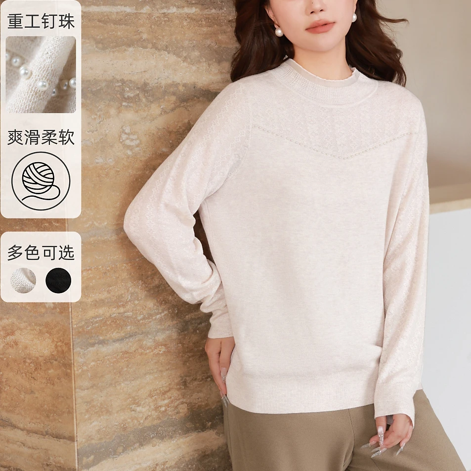 【45支重工钉珠】MsShe大码女装蕾丝半高领毛衣J~M2410037