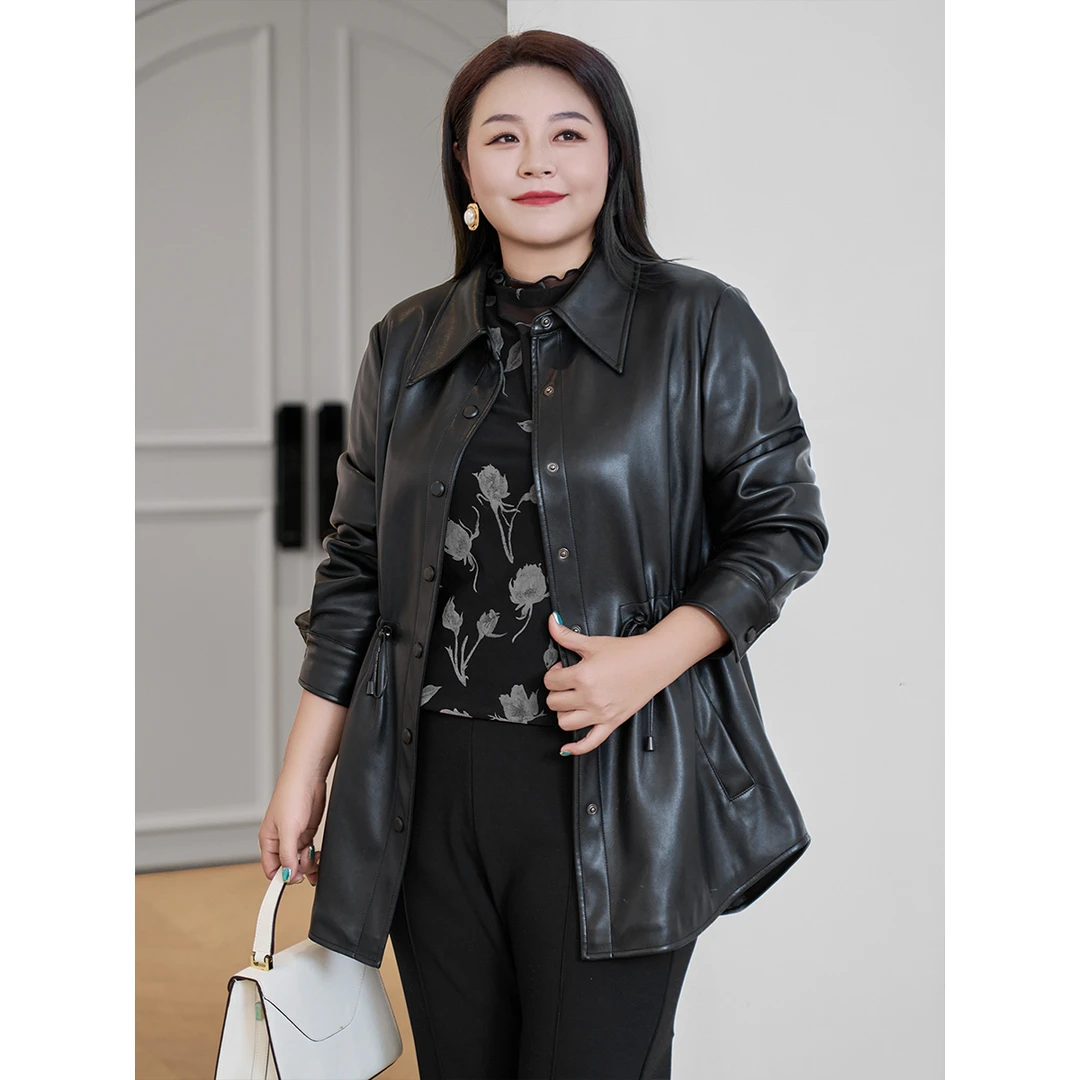 【环保PU仿真羊皮】MsShe大码女通勤收腰皮外套J~B2409015