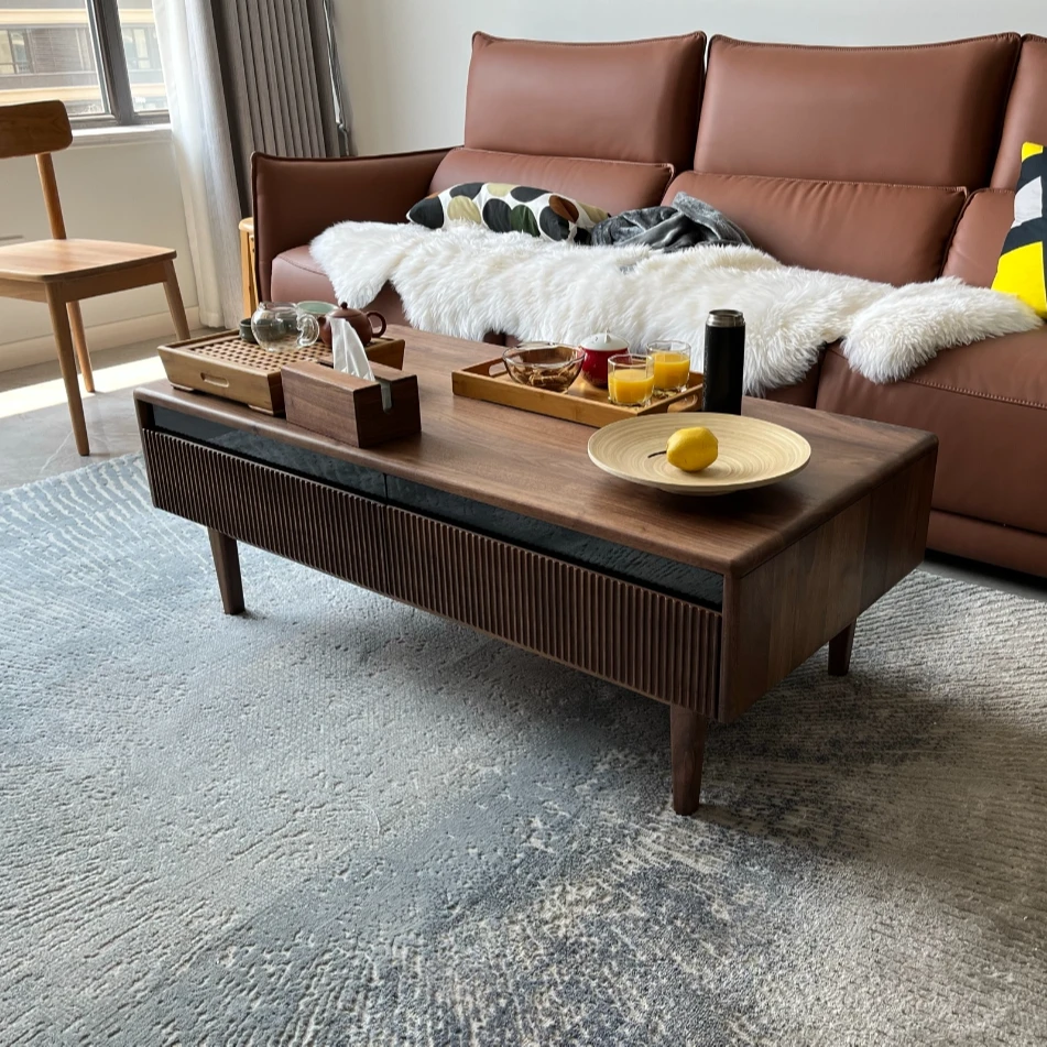 北美黑胡桃木茶几全实木日式侘寂风咖啡桌樱桃木客厅长方形收纳柜