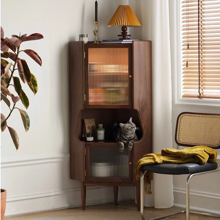 大山家具北美黑胡桃木三角柜客厅复古酒柜餐厅实木墙角置物拐角柜