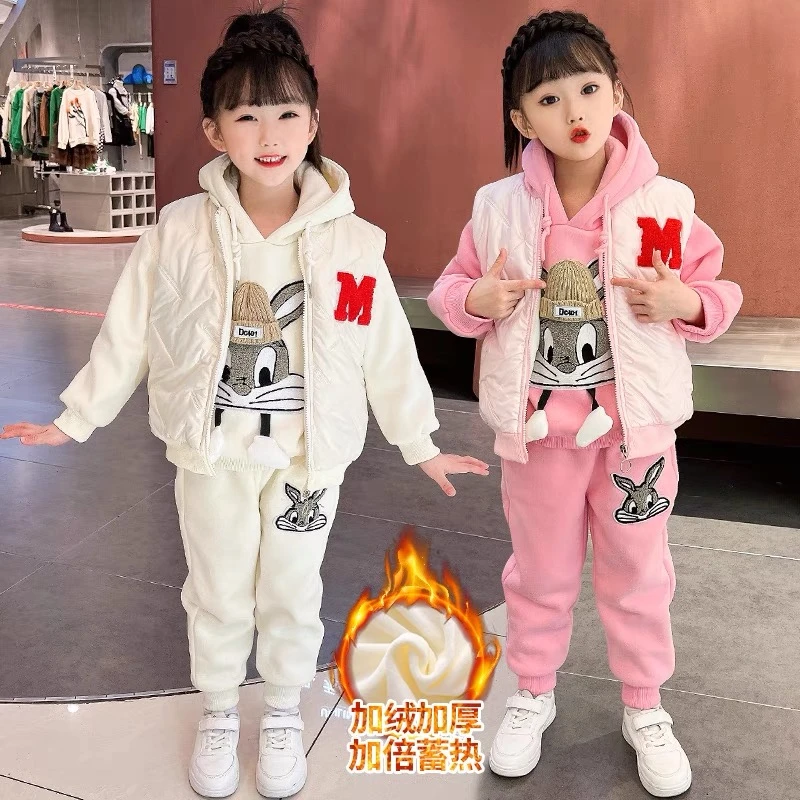 女童秋冬套装2024保暖加绒加厚6-12岁潮款儿童马甲卫衣洋气三件套