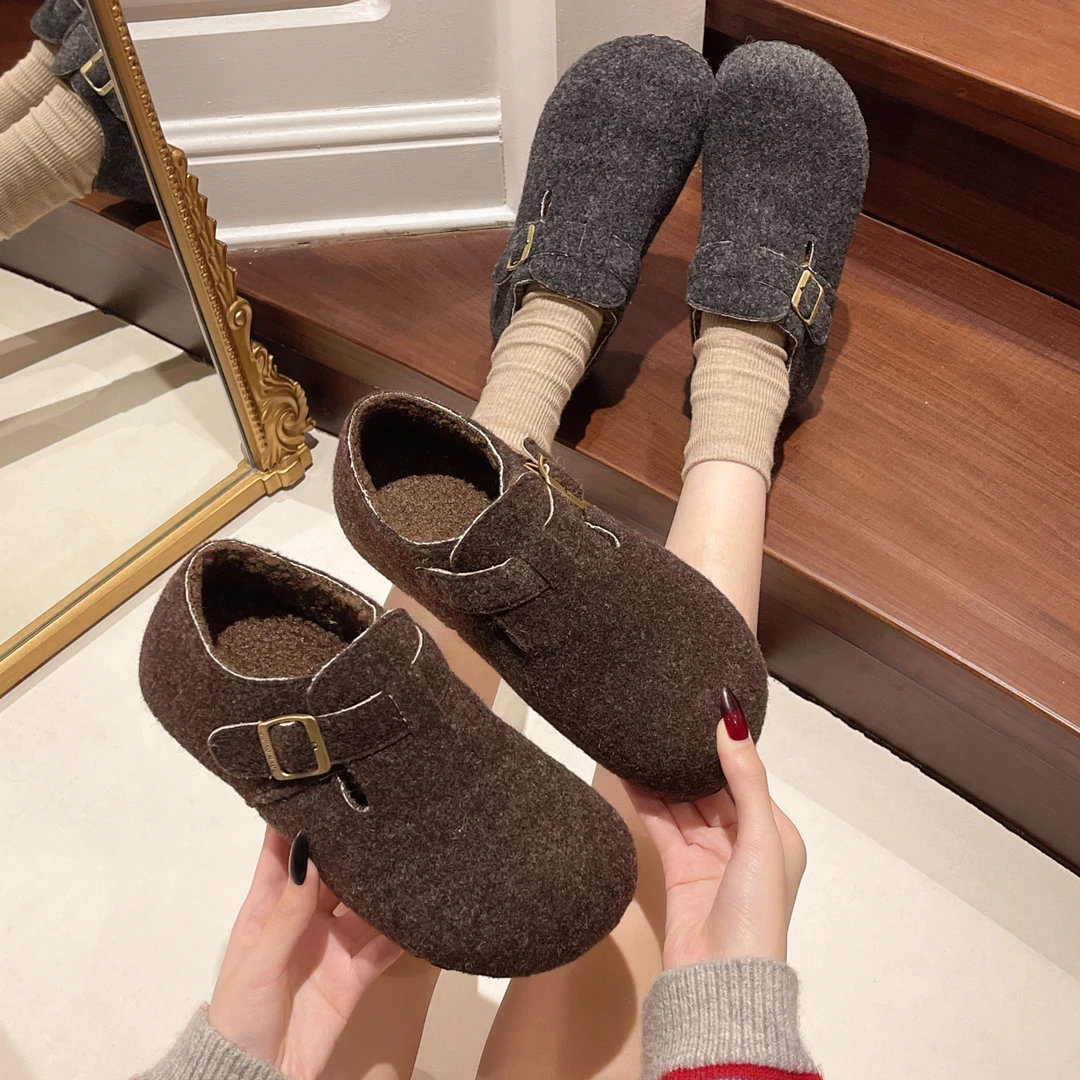 复古圆头毛毡加绒勃肯鞋2025秋冬新款时尚百搭搭扣瓢鞋乐福鞋