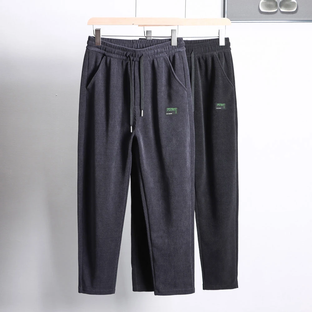 松紧腰直筒百搭男秋冬裤子加厚男士条纹休闲裤秋季大码运动长裤子