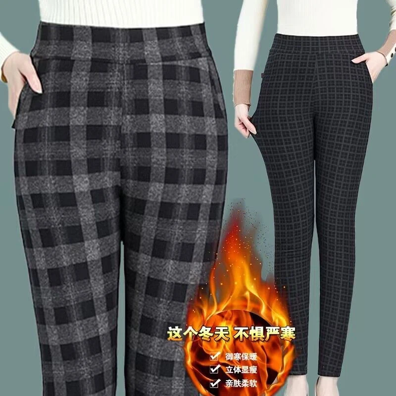 棉裤秋冬加绒加厚新款中老年女士高腰妈妈保暖裤女外穿格子裤子