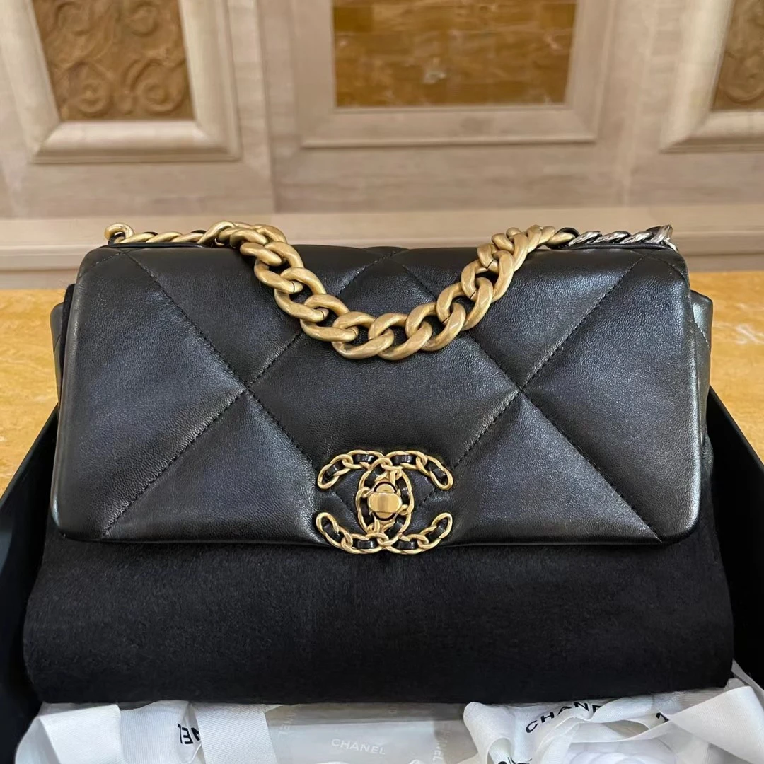 99新 Chanel/香奈儿 黑金小号19bag芯片款单肩斜挎包包／3621