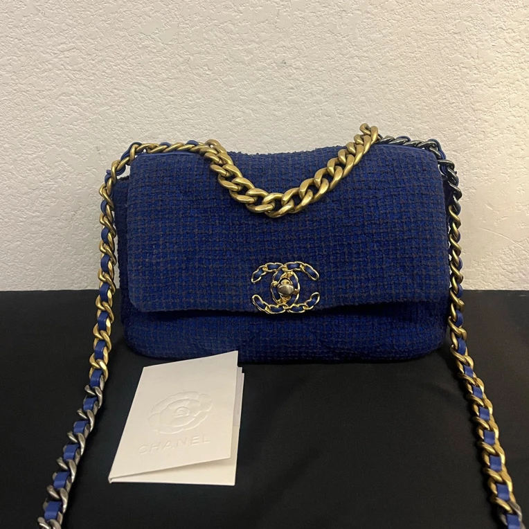 99新 Chanel/香奈儿 香奈儿19bag宝蓝色粗花呢单肩斜挎包31开5099