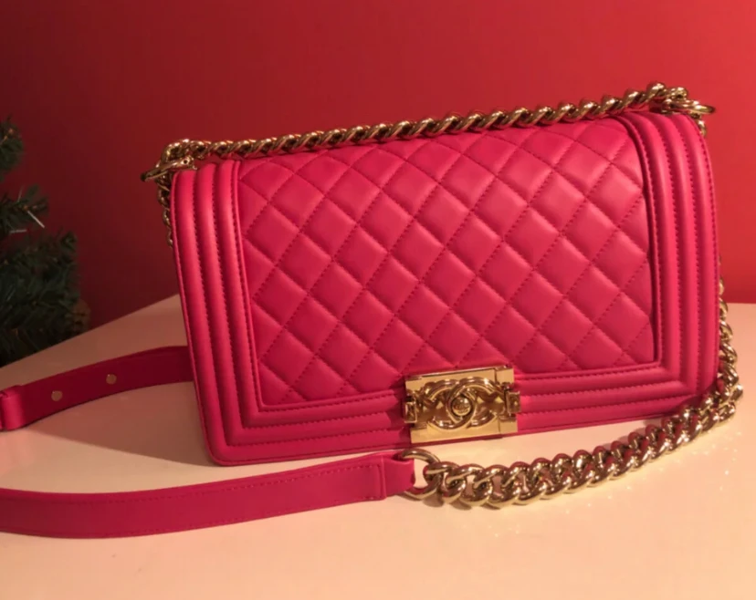 99新 Chanel/香奈儿 leboy中号玫红色单肩斜挎包包 /4004／青柠