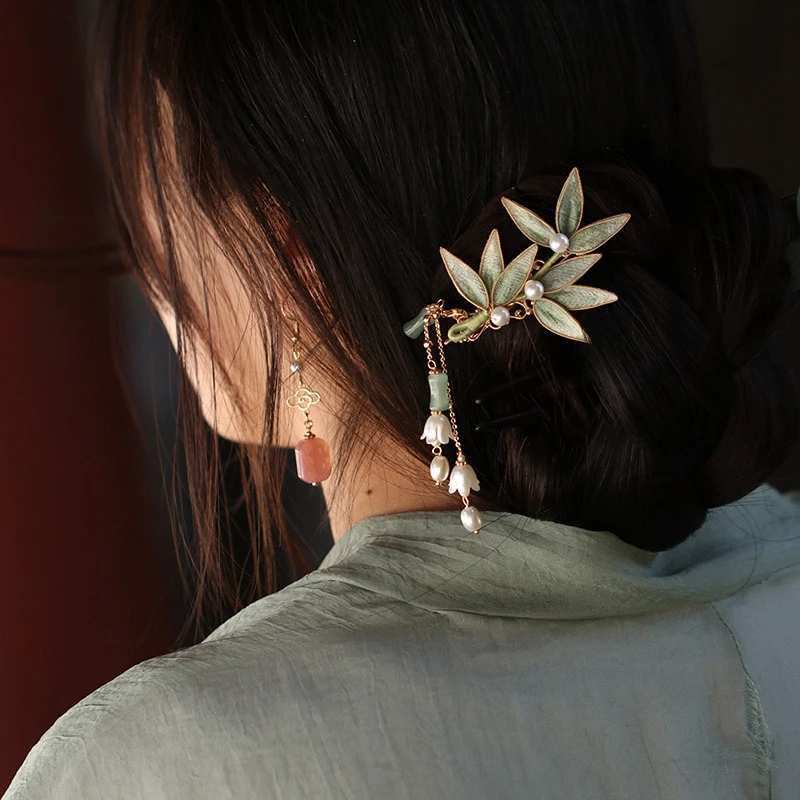 非遗绒花精致竹叶发夹国风新中式汉服头饰少女气质边夹