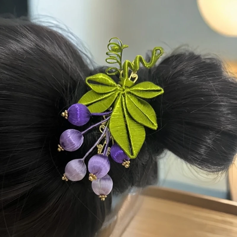 紫色小浆果，绒花发饰精致旗袍发夹日常佩戴手工头饰可爱甜美发卡