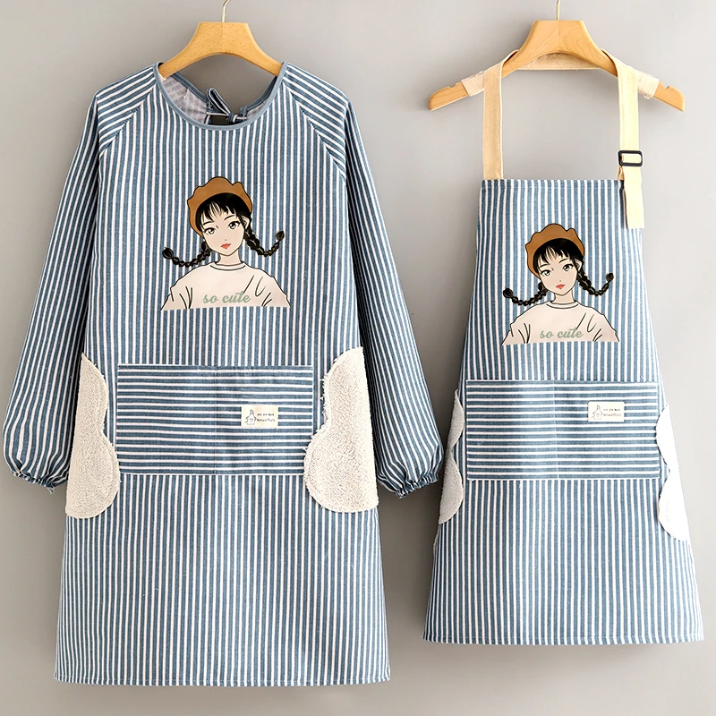 韩版可爱围裙厨房家用做饭透气棉麻罩衣定制印字成人长袖工作服女