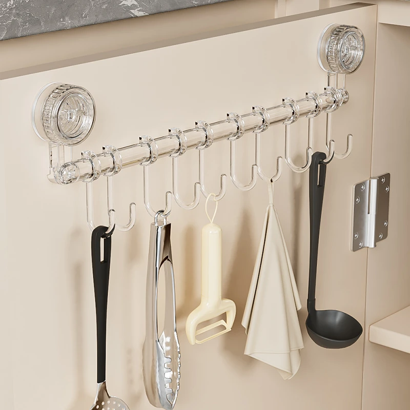 玖时光吸盘厨房挂钩一排滑轨挂钩架免打孔挂杆收纳橱柜门置物架