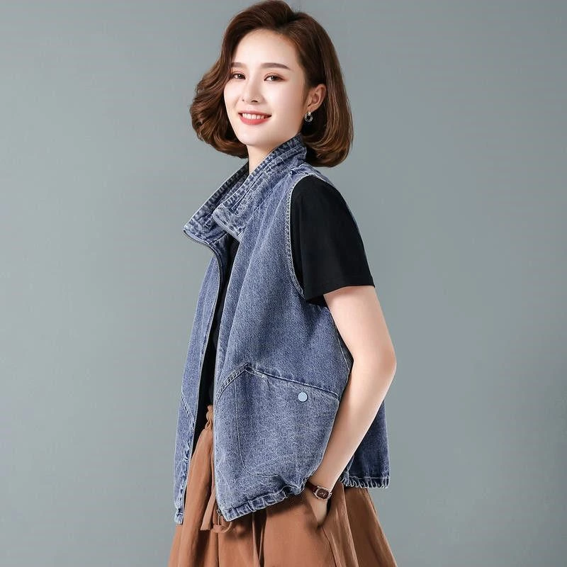 立领无帽牛仔马甲女短款坎肩2025春秋休闲马夹春秋装新款外穿背心