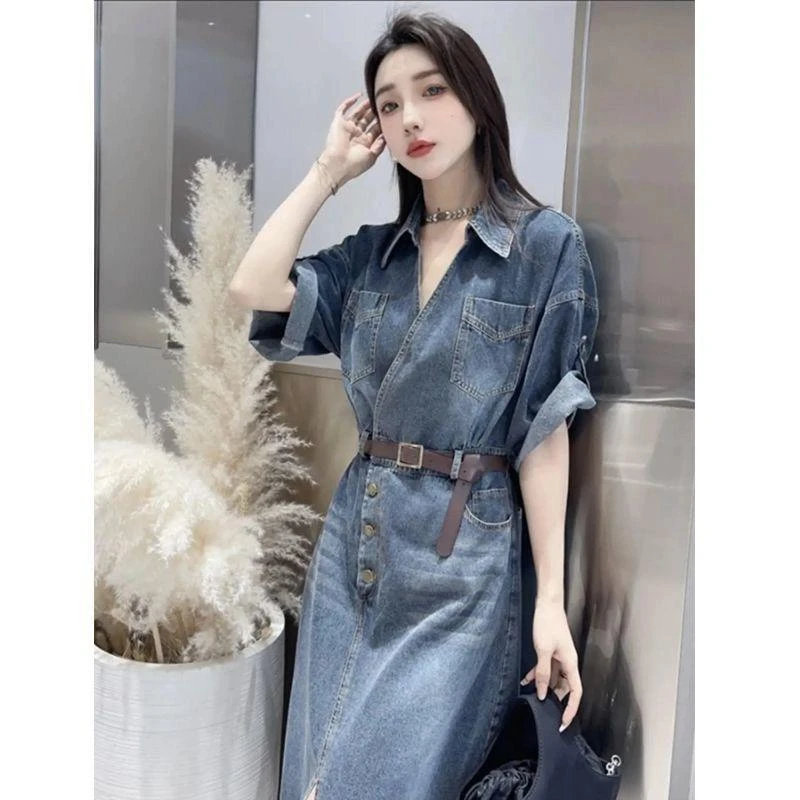 网红爆款牛仔连衣裙女装2025夏季新款V领宽松显瘦遮肉中长款裙子