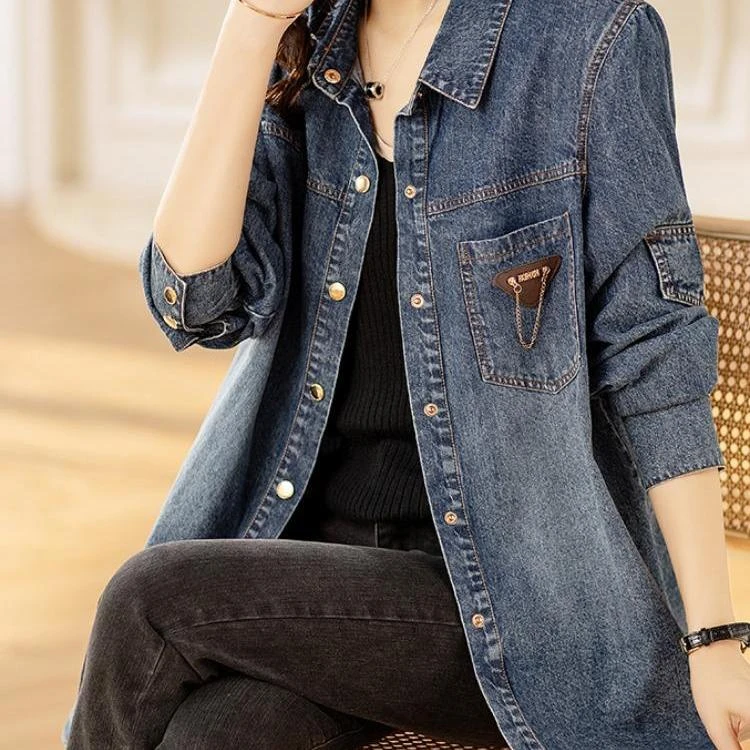 牛仔衬衫女中长款春秋季2025新款欧货上衣外套宽松叠穿休闲衬衣服