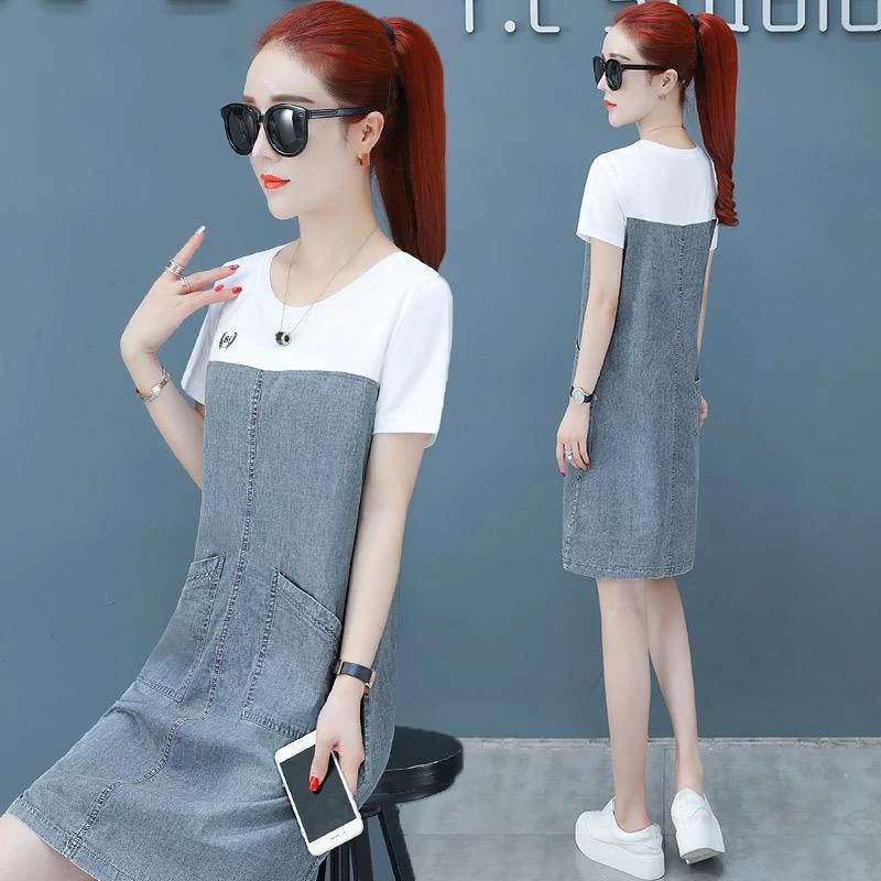 拼接牛仔连衣裙女款2025夏装新款时尚减龄假两件气质流行薄A字裙