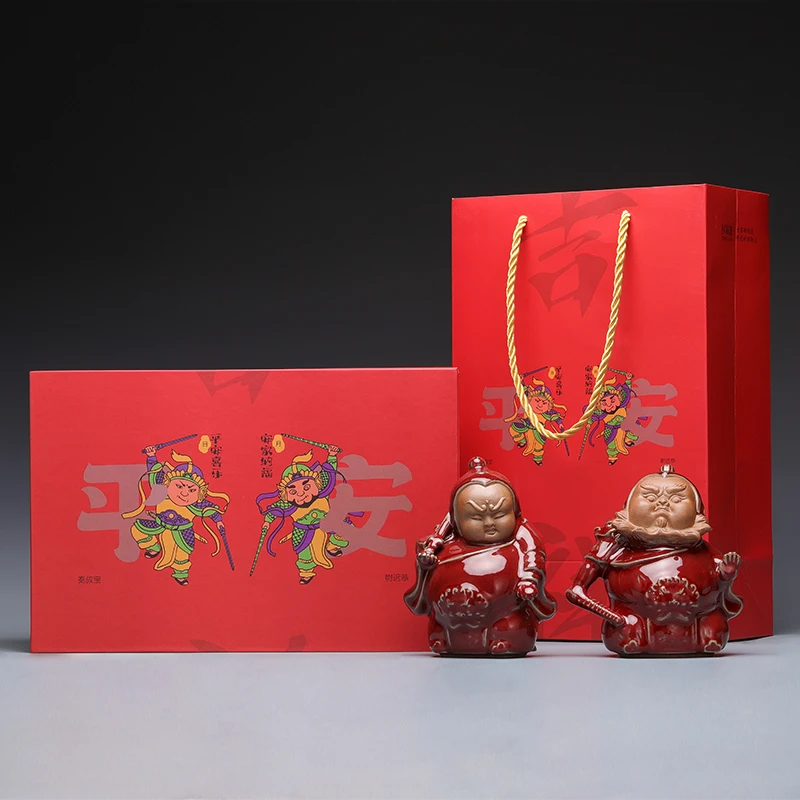 钧窑钧红釉陶瓷家用送礼礼盒装过年门神手工青瓷高档茶宠可爱摆件