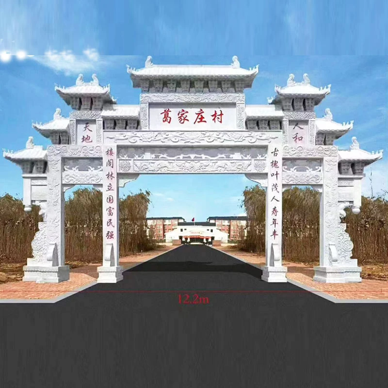 村口青石三门七楼石雕牌楼乡村振兴标志建筑花岗岩石牌坊石头门