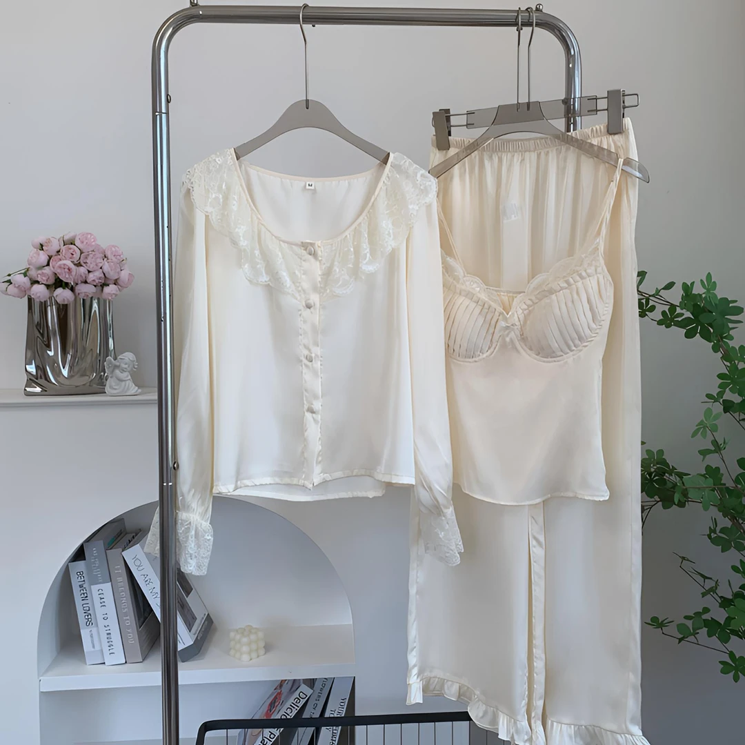 【带胸垫】甜美蕾丝轻奢女士长袖三件套秋季睡衣女款爆款2025新款