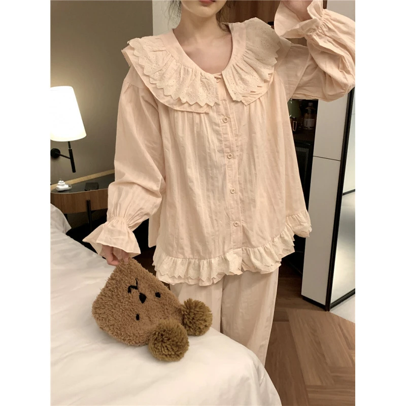 粉色纯棉睡衣女套装春秋季宽松可爱甜美花边娃娃领可外穿家居服新