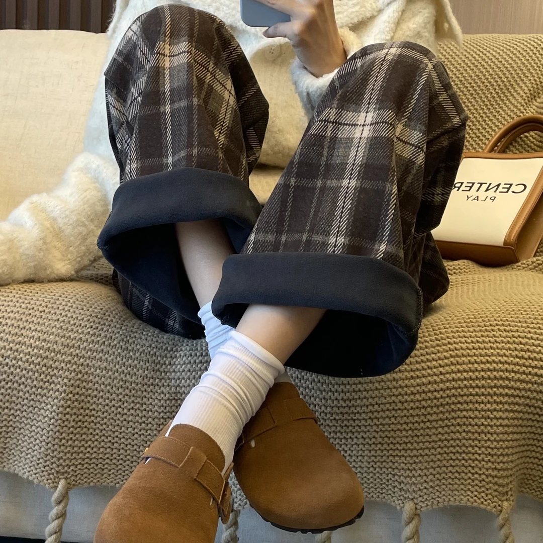 撞色格子裤女秋冬加绒高腰垂感直筒裤复古慵懒毛呢阔腿裤295