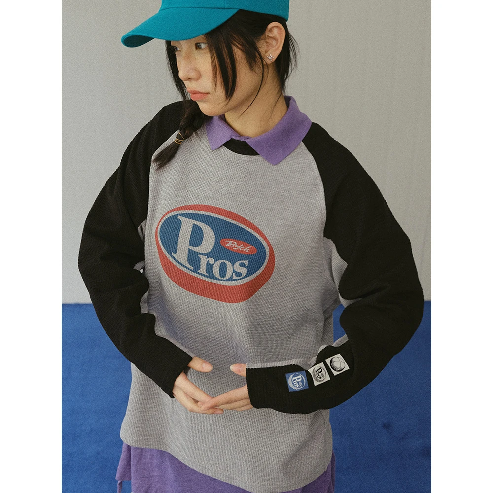 PROS BY CH薄款章仔印花华夫格拼色插肩袖T恤情侣款潮牌宽松长袖