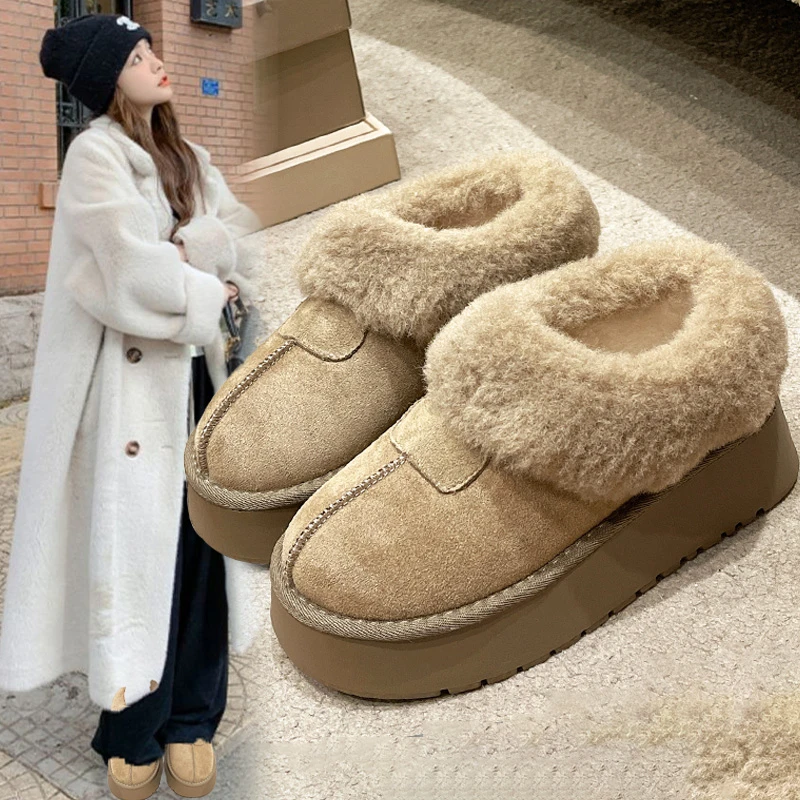 皮毛一体雪地靴女冬季2023新款加绒保暖东北棉鞋一脚蹬厚底面包鞋