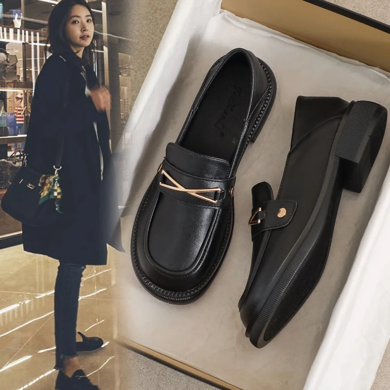 真皮小皮鞋女2023秋冬新款厚底加绒英伦风单鞋一脚蹬软底乐福鞋子