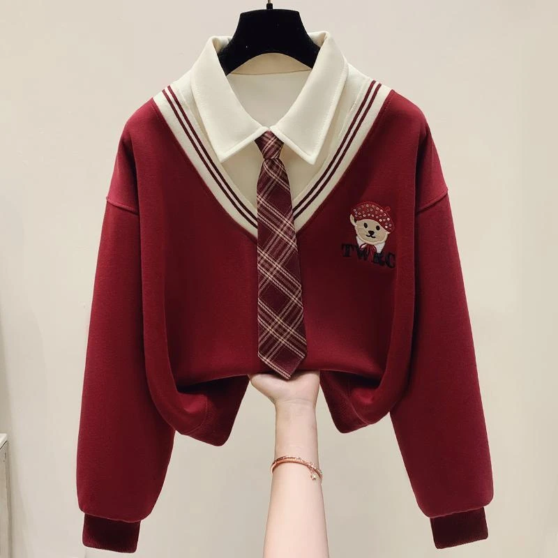 儿童女童春秋长袖polo领卫衣中大童秋冬新款加绒学院风假两件上衣