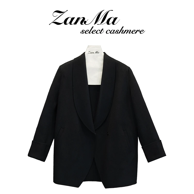 【赞妈专属】秋冬短款黑色绵羊毛大衣含山羊绒毛呢外套ZM1531