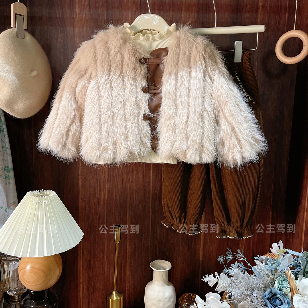 现货【赫敏】8370儿童洋气冬季女童毛毛外套外穿夹棉加厚保暖