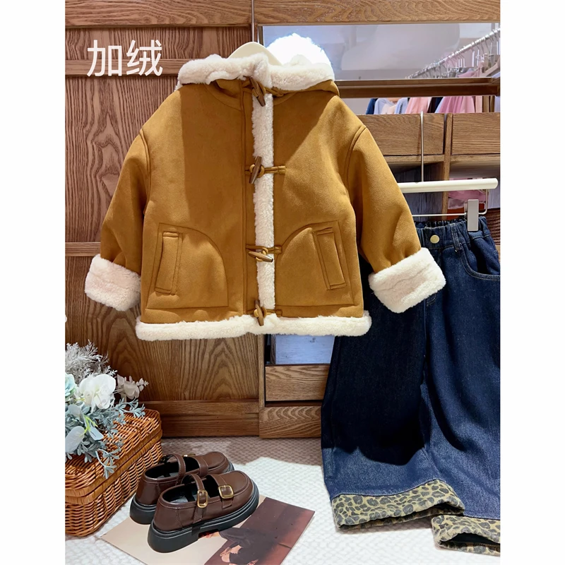 现货【冬篱】加绒加厚4273女童韩版百搭皮毛一体连帽外套保暖冬款