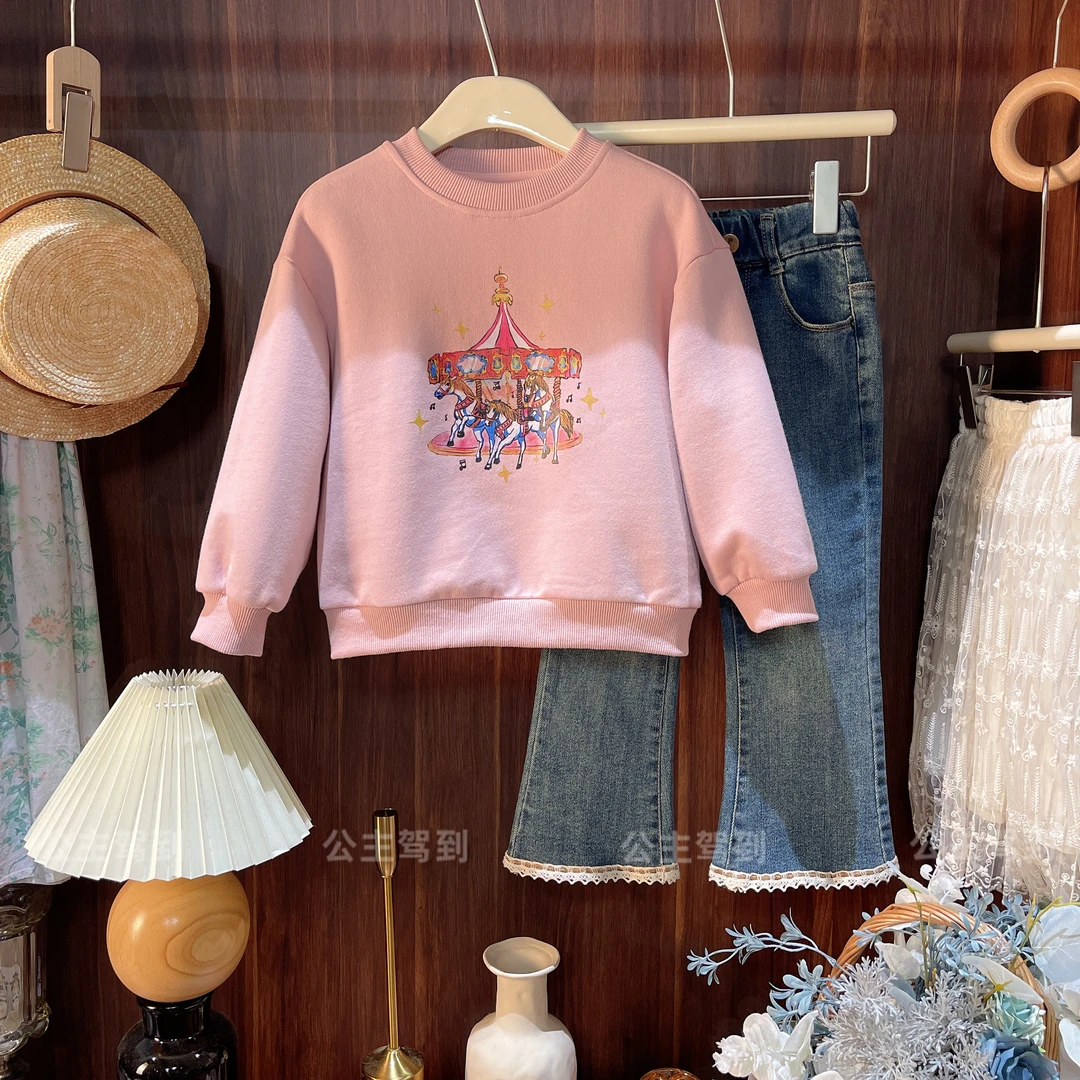 现货【旋转木马】2951儿童抓绒秋冬上衣洋气女宝卫衣卡通休闲长袖