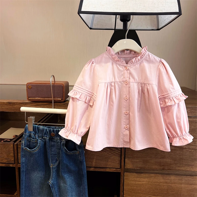 现货【艾微】100%棉4203女童2024秋季花边领甜美长袖衬衫百搭上衣