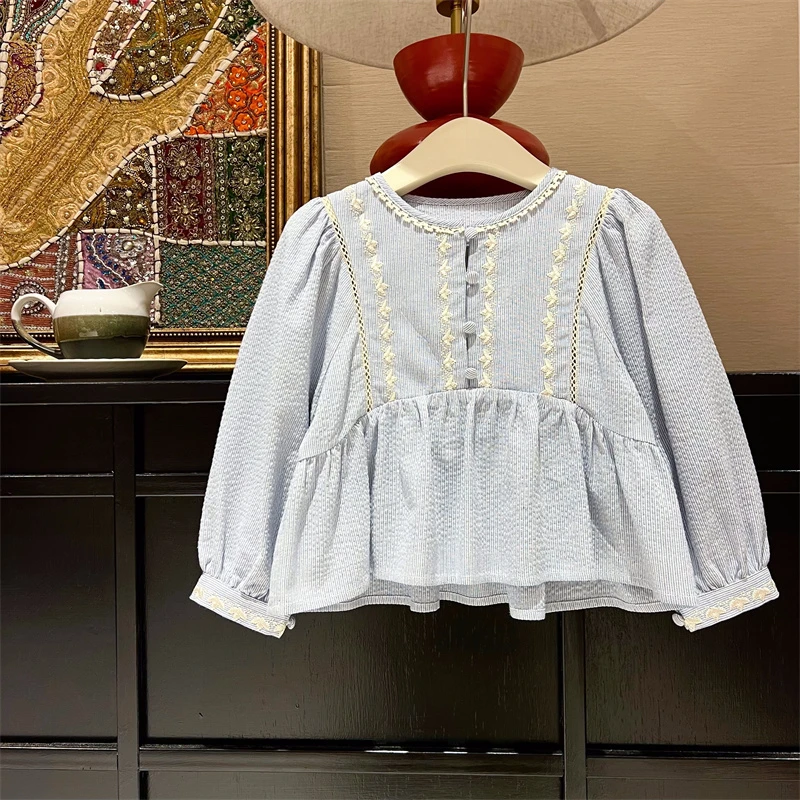 现货【森蔓】纯棉4824女童衬衫长袖法式衬衫复古时尚百搭洋气衬衣