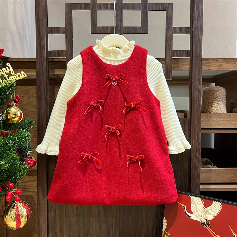 现货【奈斯洛】4877冬季加厚不加绒女童连衣裙百搭气质红色背心裙